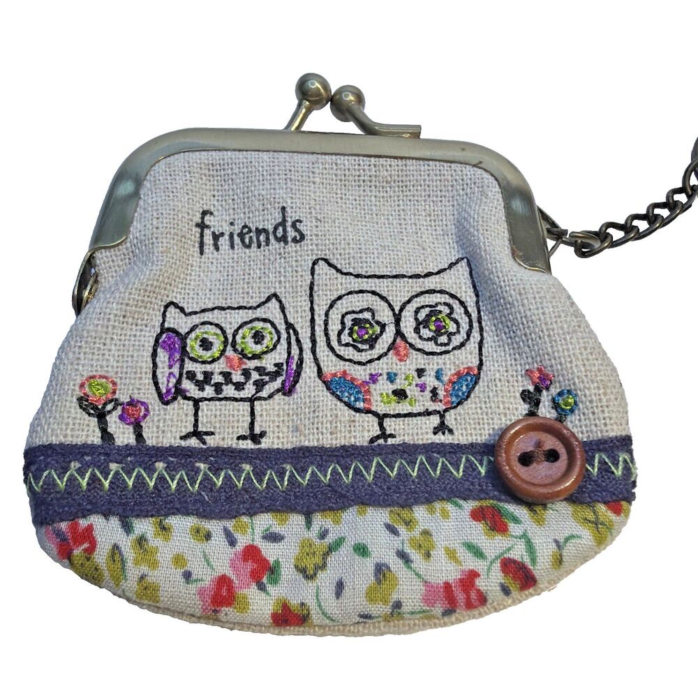Natural Life Prairie Stitch Owl Coin Purse Keychain Pouch Boho Friends Kiss Lock